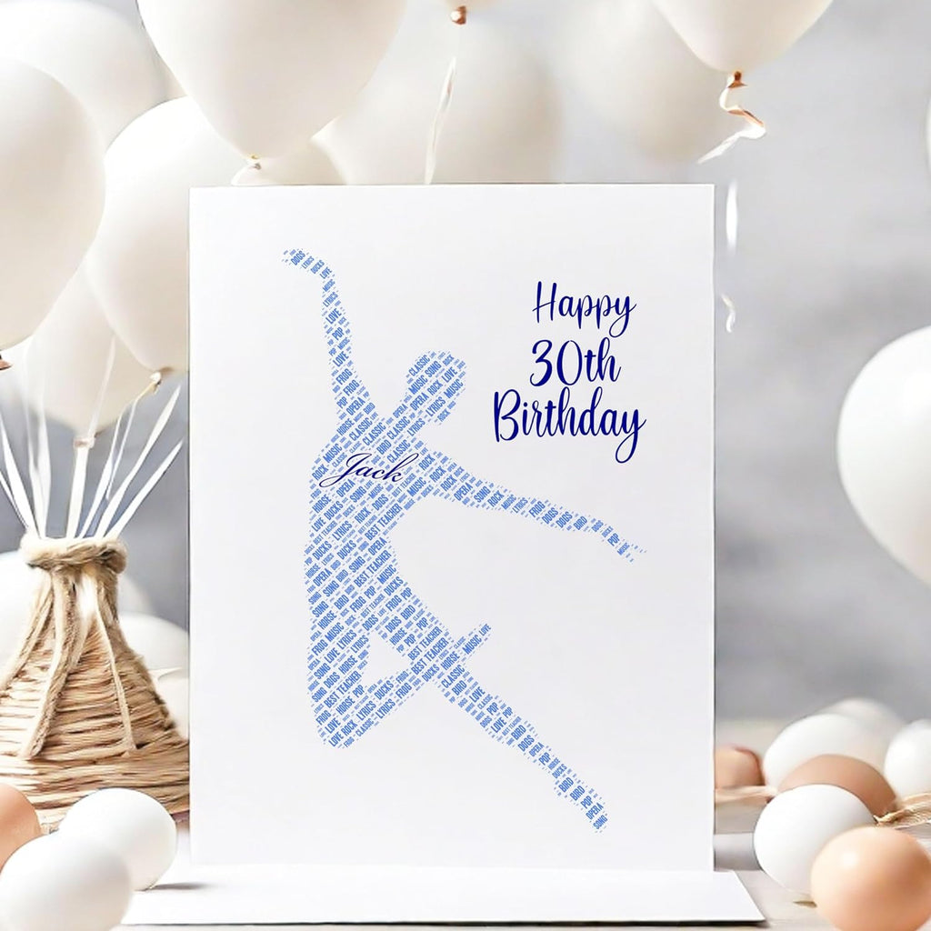Personalised 16th Birthday Card, Male Ballet dancer Word Art