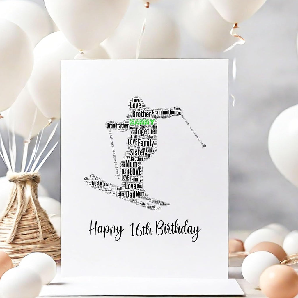 Personalised Birthday Card for girls, snow Skier Word
