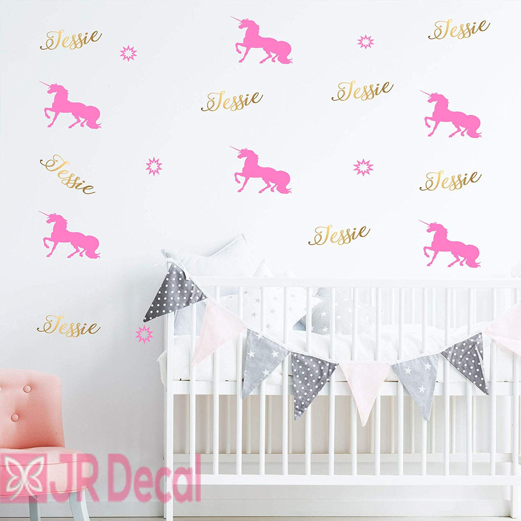 Personalised Girls Name Wall Sticker with Magic Unicorn and Stars soft pink