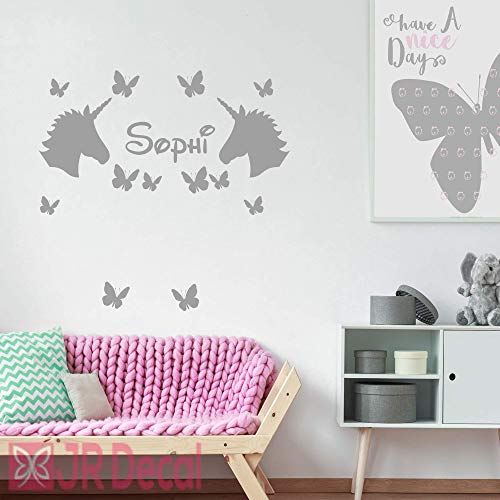 Unicorn Wall Stickers with Butterflies Personalised Name gray