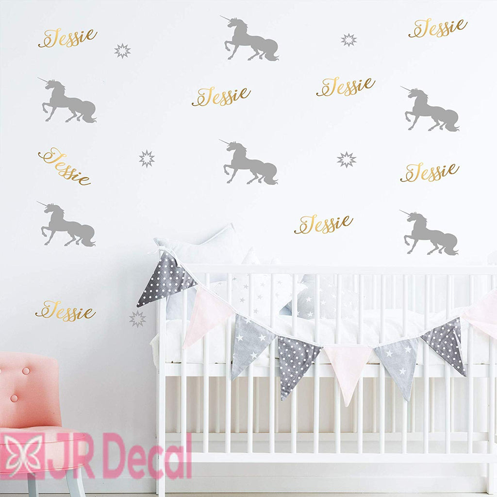 Personalised Girls Name Wall Sticker with Magic Unicorn and Stars gray