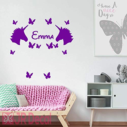 Unicorn Wall Stickers with Butterflies Personalised Name purple