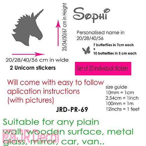 Unicorn Wall Stickers with Butterflies Personalised Name details