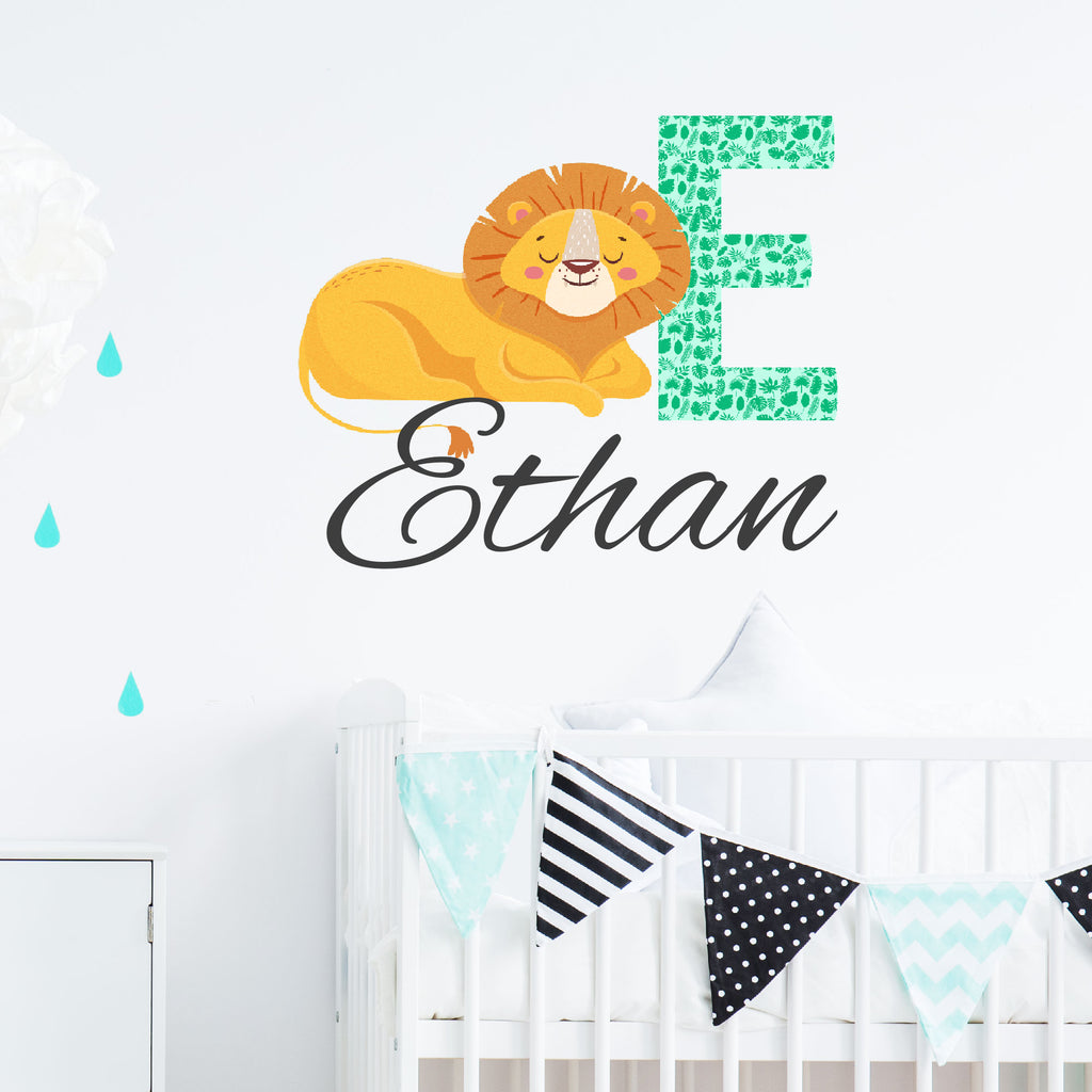 Lion wall stickers for kids bedrooms Personalised name wall sticker Custom name initial Animal wall decals