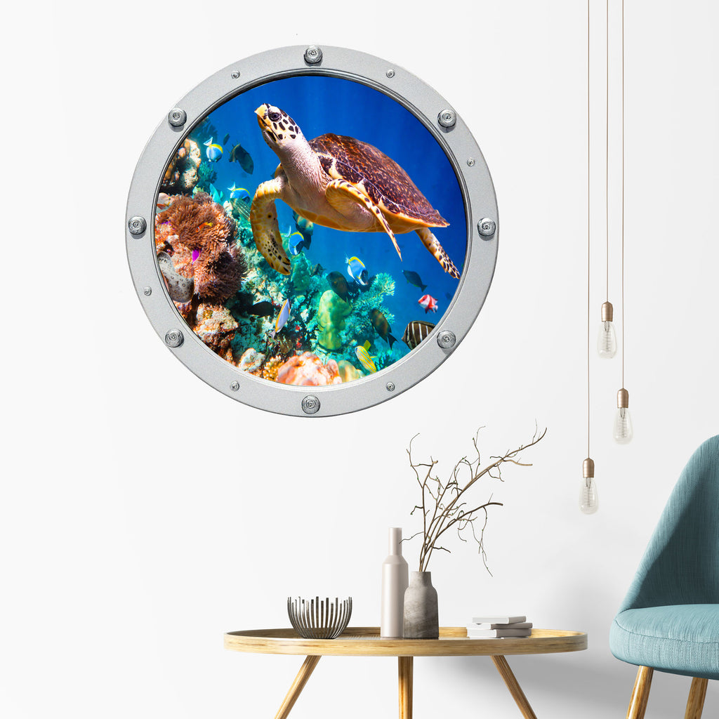 Sea Turtle Porthole Coral Reef 3D Nautical Underwater Decals 