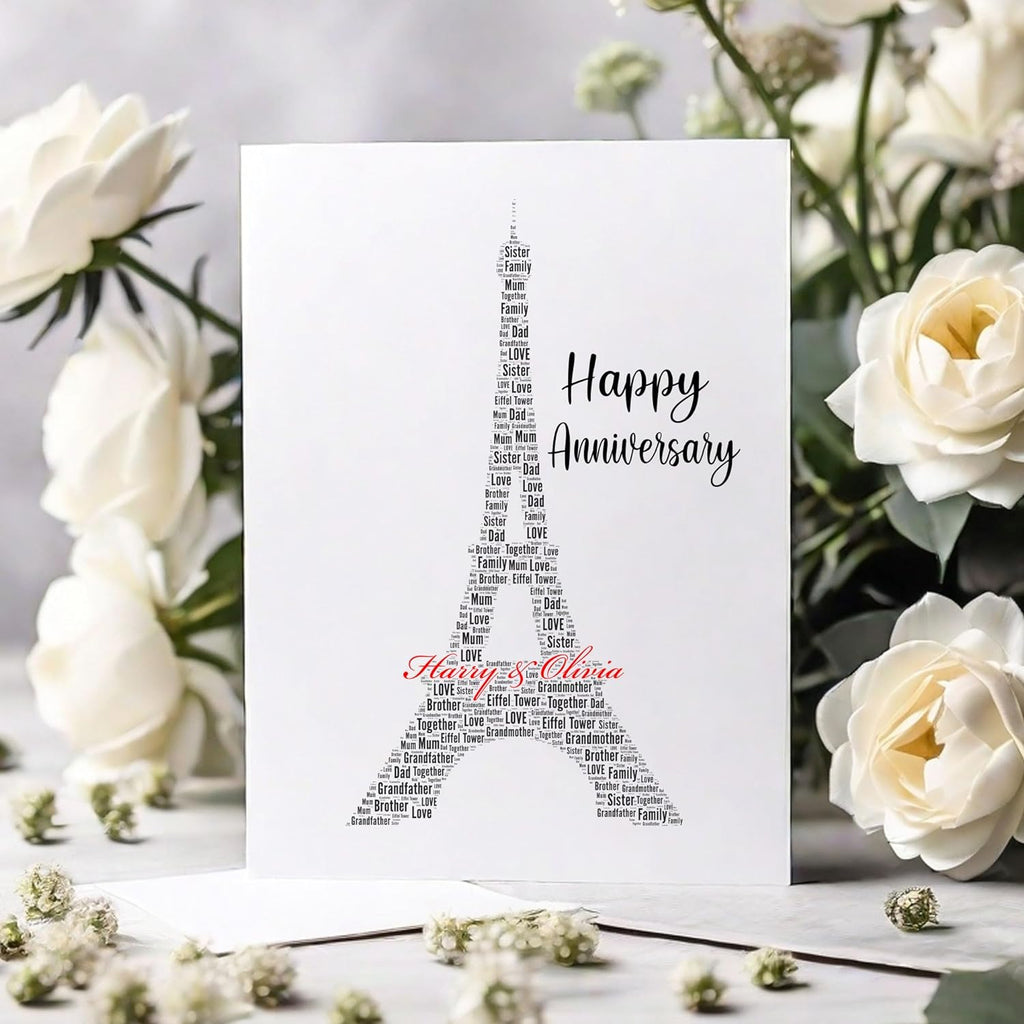 Personalised Anniversary Card, Eiffel Tower Word Art, Any name on card