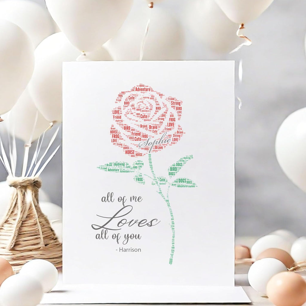 Personalised Anniversary Card, Red rose Word Art