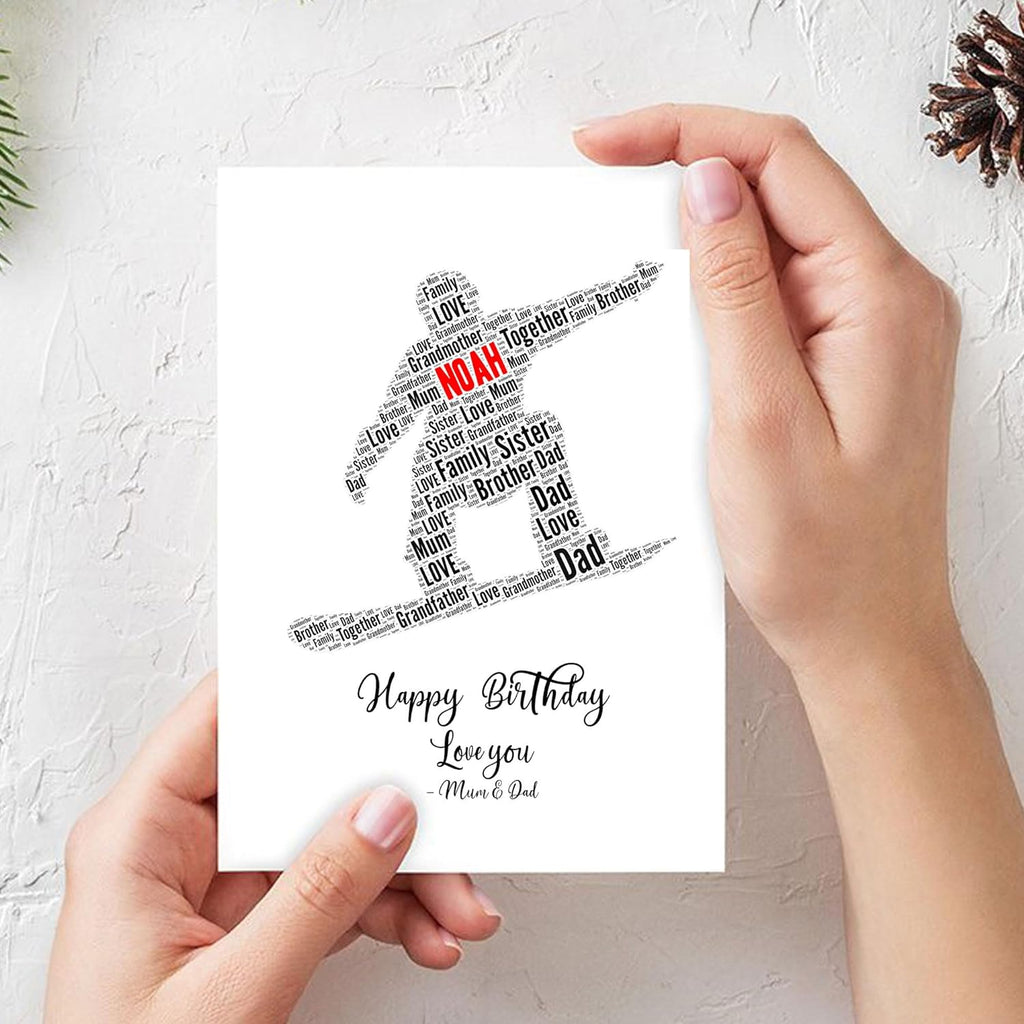 Personalised 30th Birthday Card, Snowboard Figure Word Art