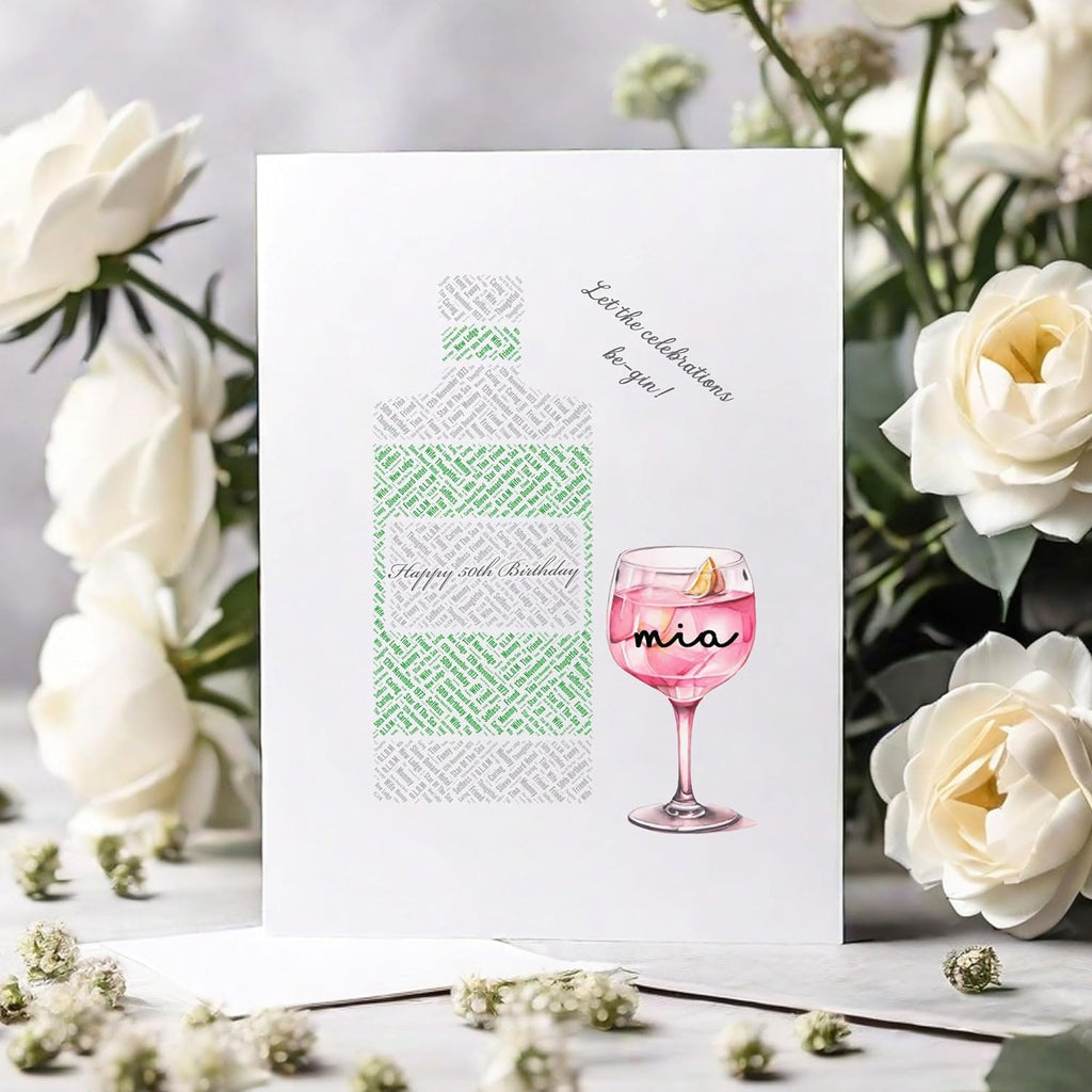 Personalised 50th Birthday Card, Gin Bottle Word Art
