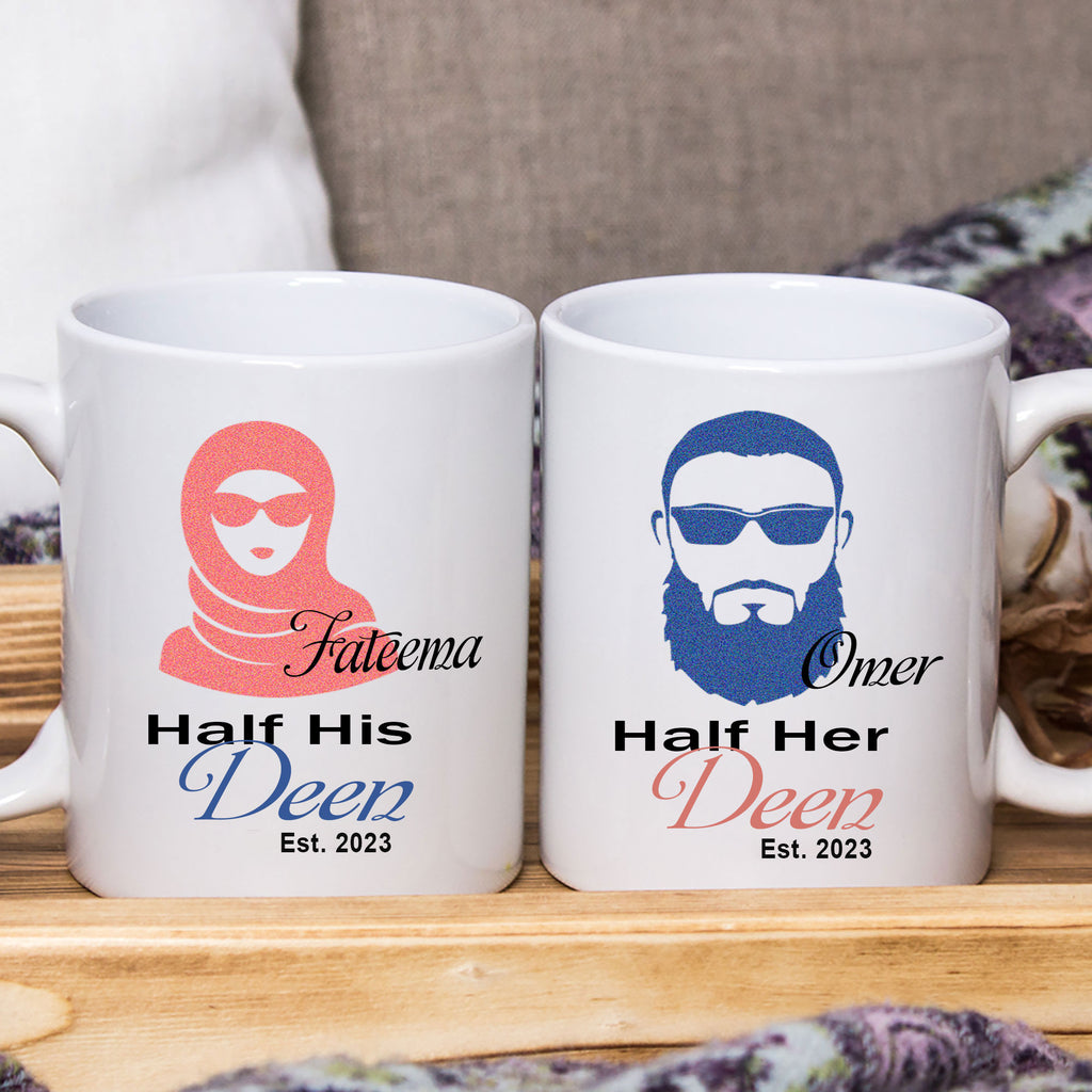 Personalised Name Mug set for Muslim Couple, Half Her Deen and Half His Deen Coffee Mugs