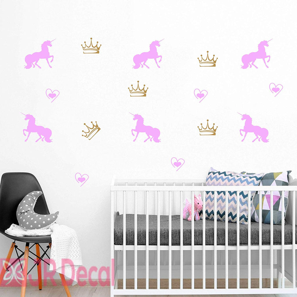 28 Unicorn Stickers set with Princess Crown | Girls Bedroom Wall Art