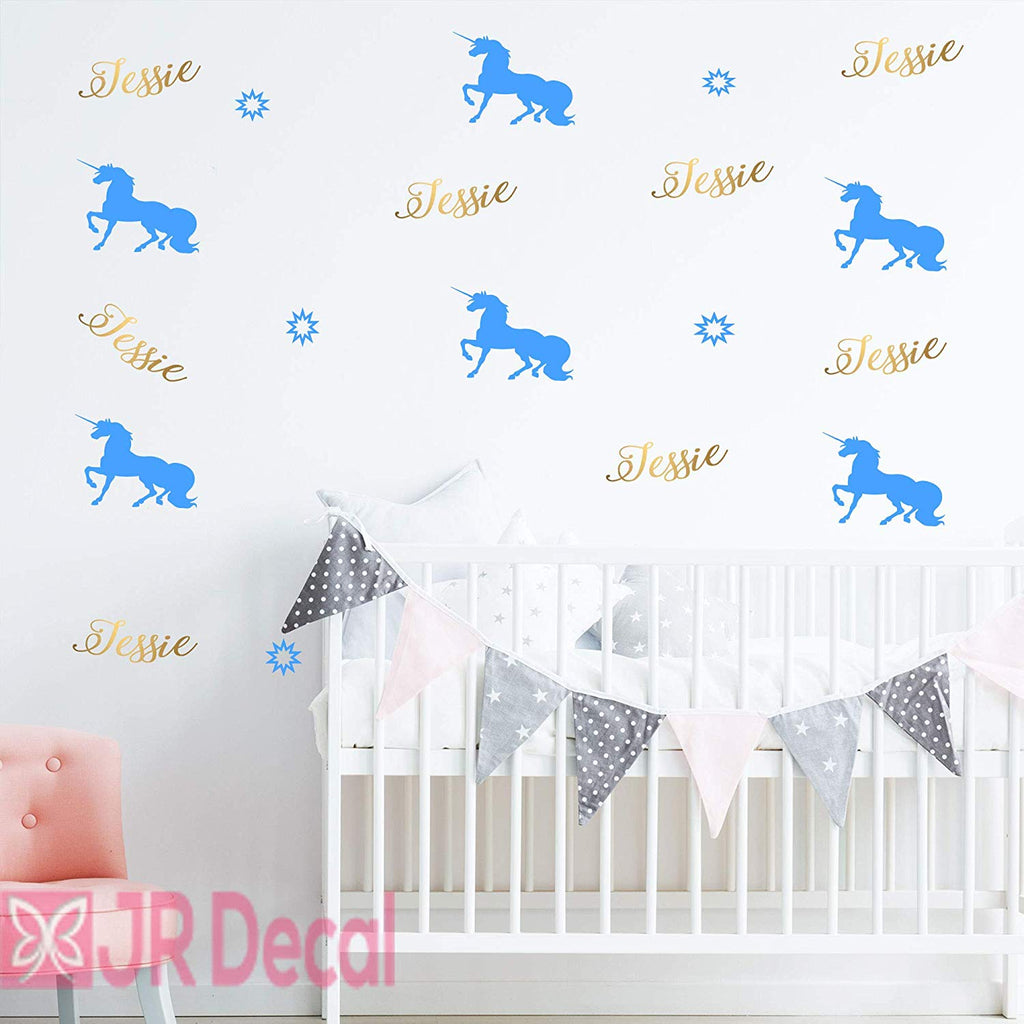 Personalised Girls Name Wall Sticker with Magic Unicorn and Stars blue