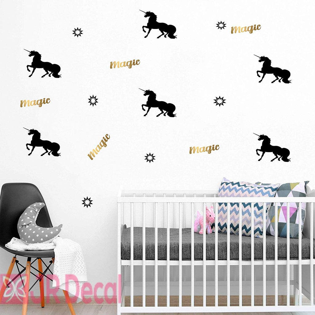 Set of Magic Unicorn Wall Art for Girls Bedroom black