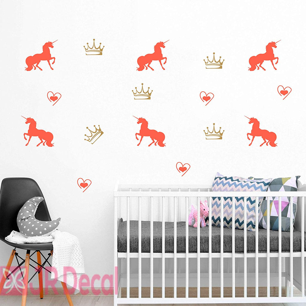 28 Unicorn Stickers set with Princess Crown | Girls Bedroom Wall Art