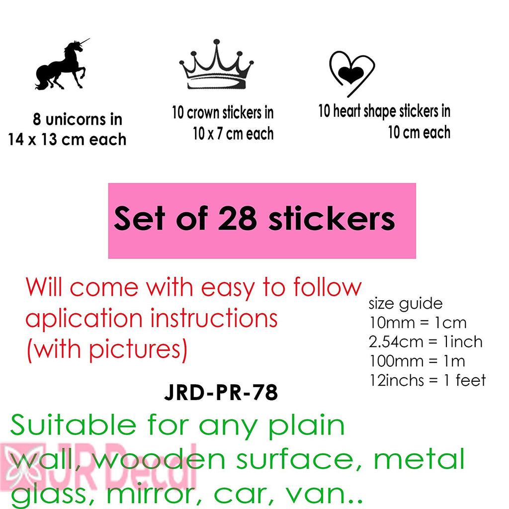 28 Unicorn Stickers set with Princess Crown | Girls Bedroom Wall Art