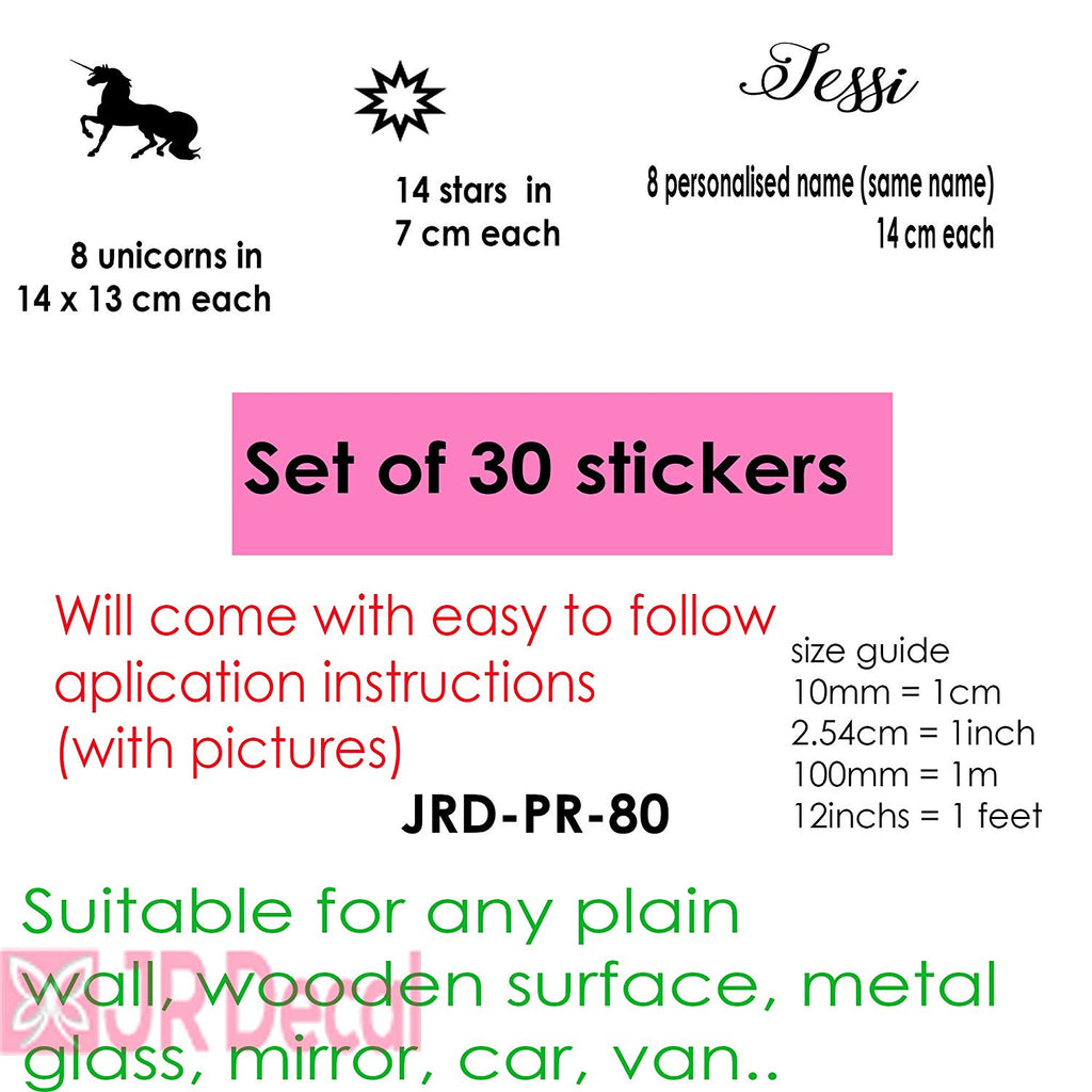 Personalised Girls Name Wall Sticker with Magic Unicorn and Stars details