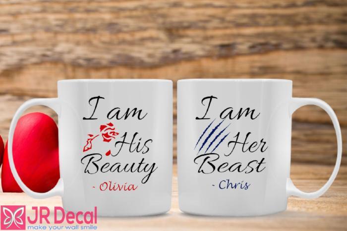 Personalised Name Printed Couple Mugs with Beauty and Beast theme