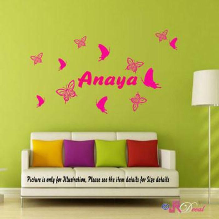 Butterfly wall sticker with Personalised Name Sticker pink