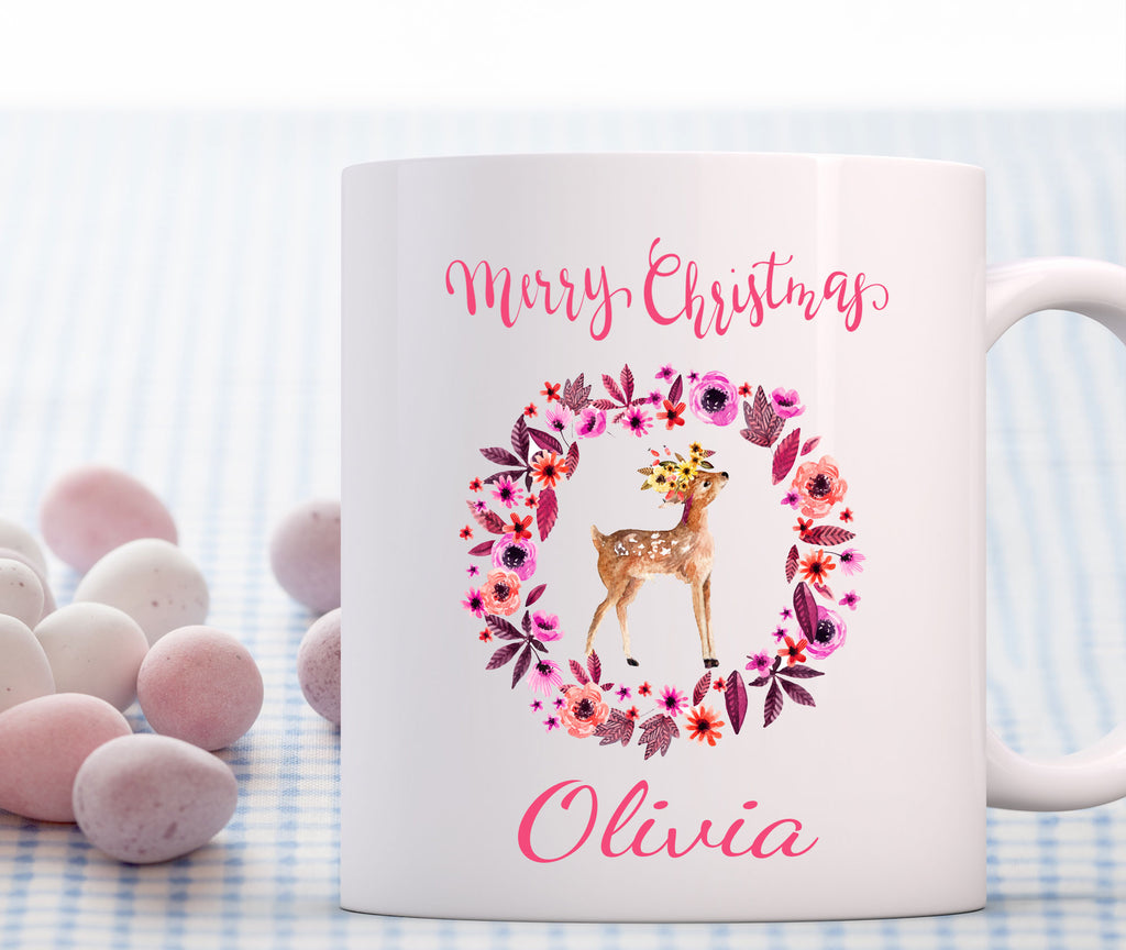 Reindeer with Wreath Printed Personalized Coffee Mug
